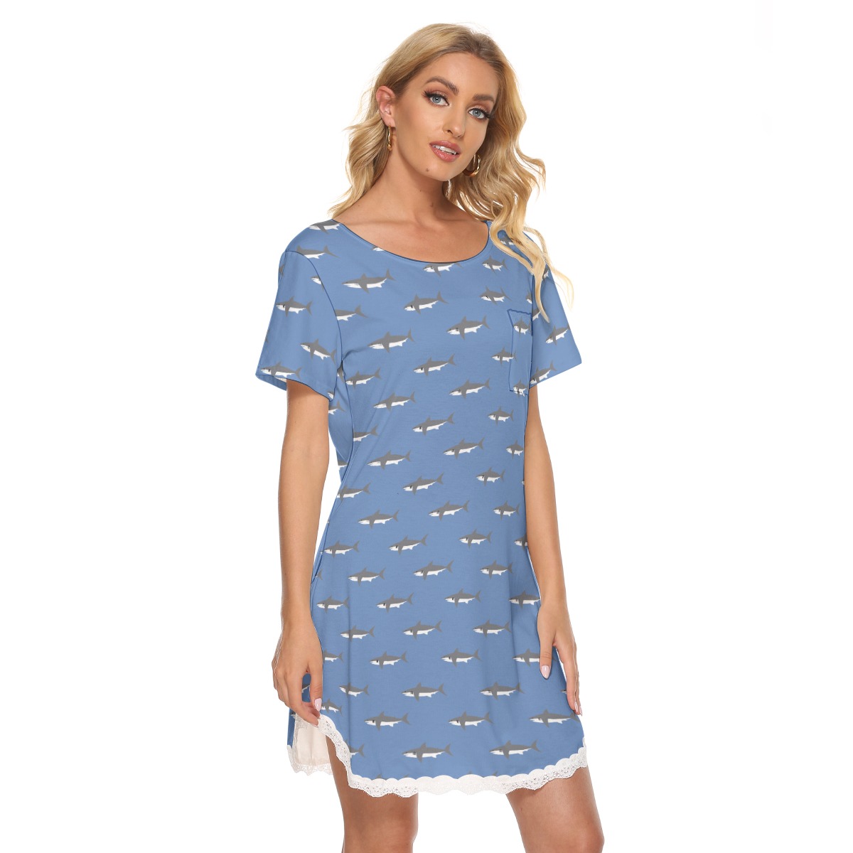 Mommy Shark Blue Hawaiian Dress With Lace