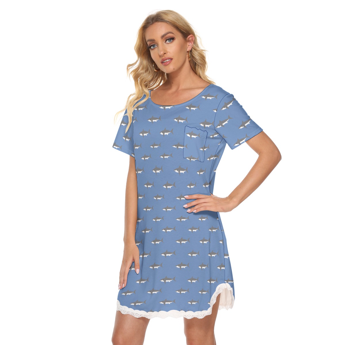 Mommy Shark Blue Hawaiian Dress With Lace