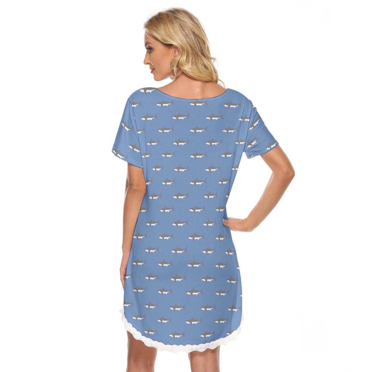 Mommy Shark Blue Hawaiian Dress With Lace