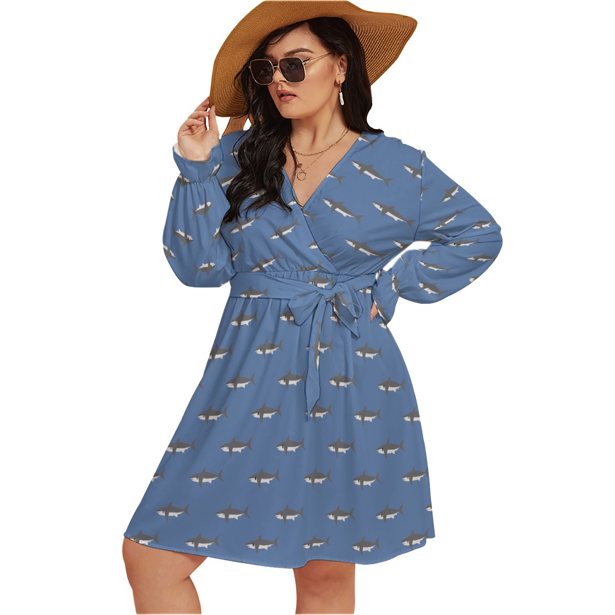 Mommy Shark Blue Hawaiian Plus Size V-Neck Dress