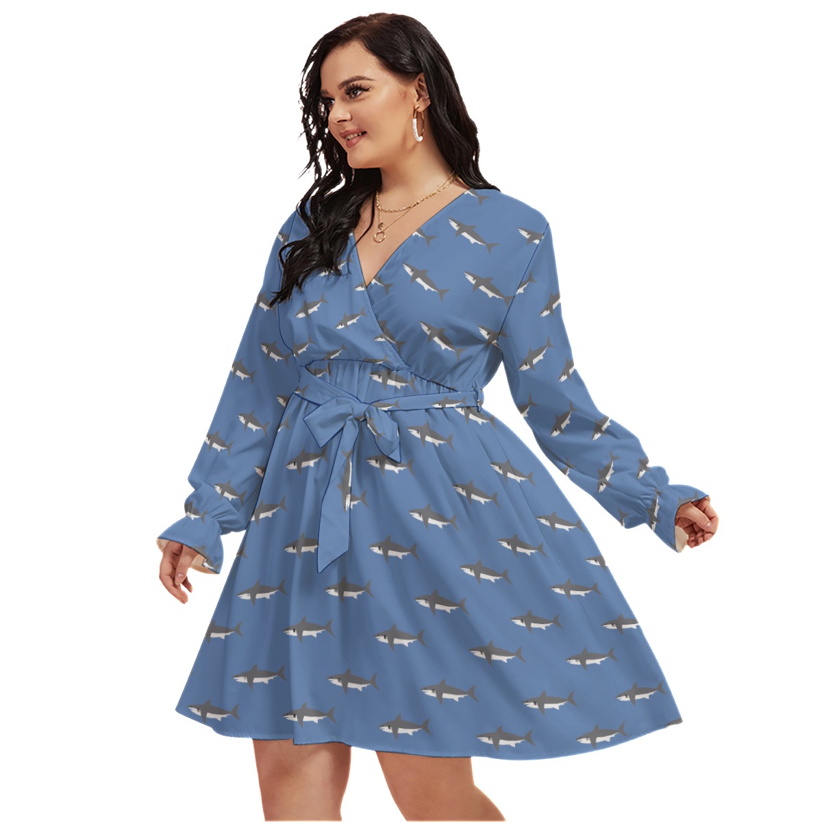 Mommy Shark Blue Hawaiian Plus Size V-Neck Dress