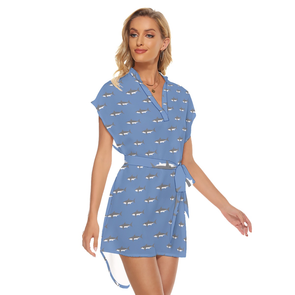 Mommy Shark Blue Hawaiian Dress With Tie