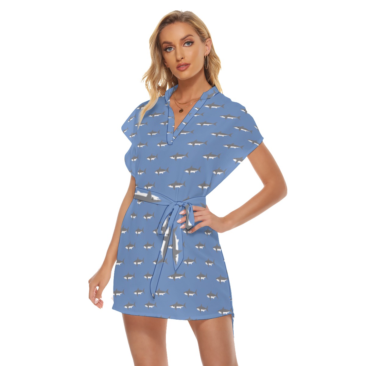Mommy Shark Blue Hawaiian Dress With Tie