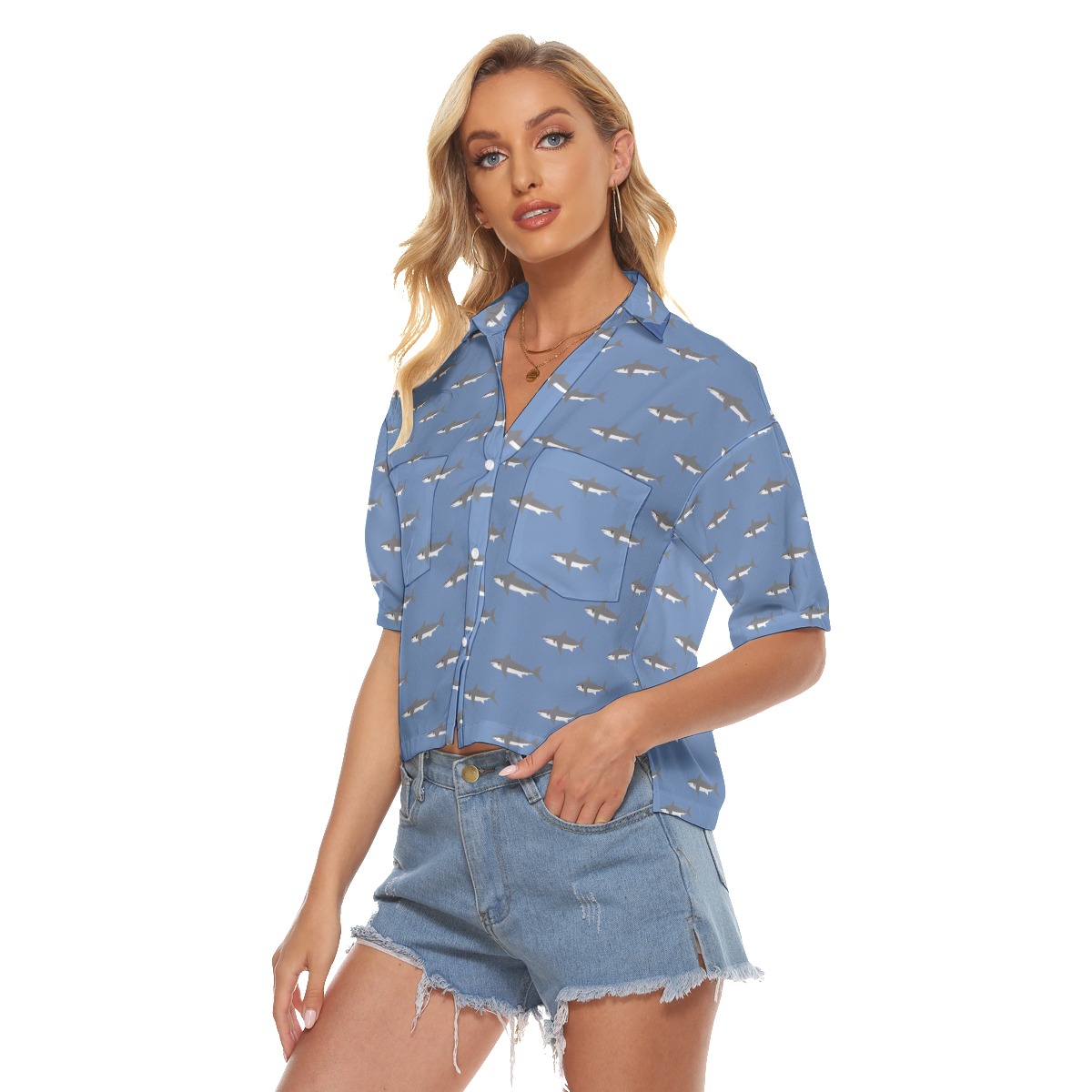 Women's Mommy Shark Hawaiian Cropped Shirt