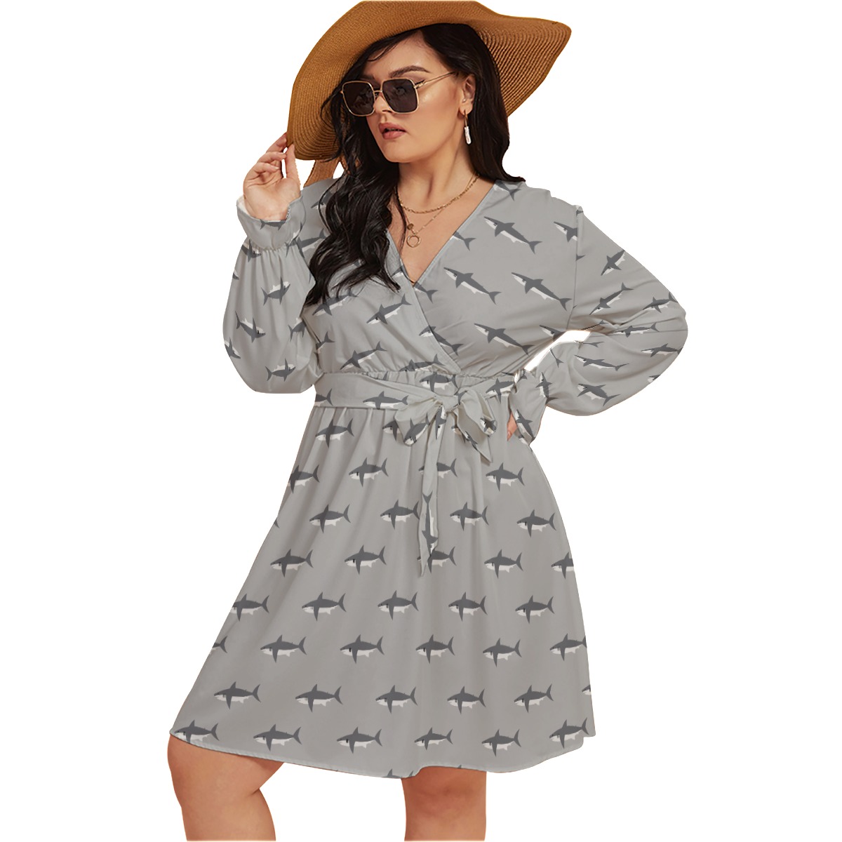 Mommy Shark Gray Hawaiian Plus Size V-Neck Dress