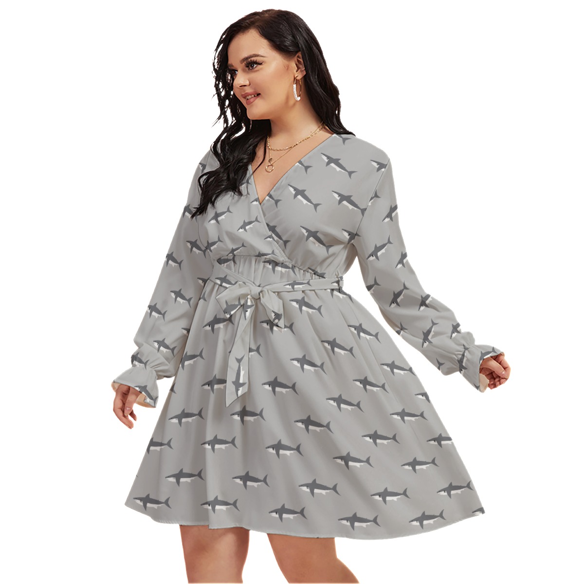 Mommy Shark Gray Hawaiian Plus Size V-Neck Dress