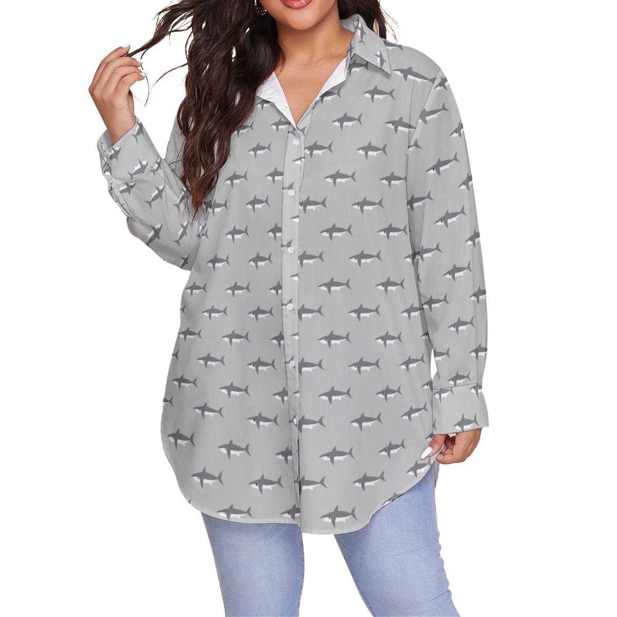 Women's Mommy Shark Gray Plus Size Hawaiian Shirt - variant image 1