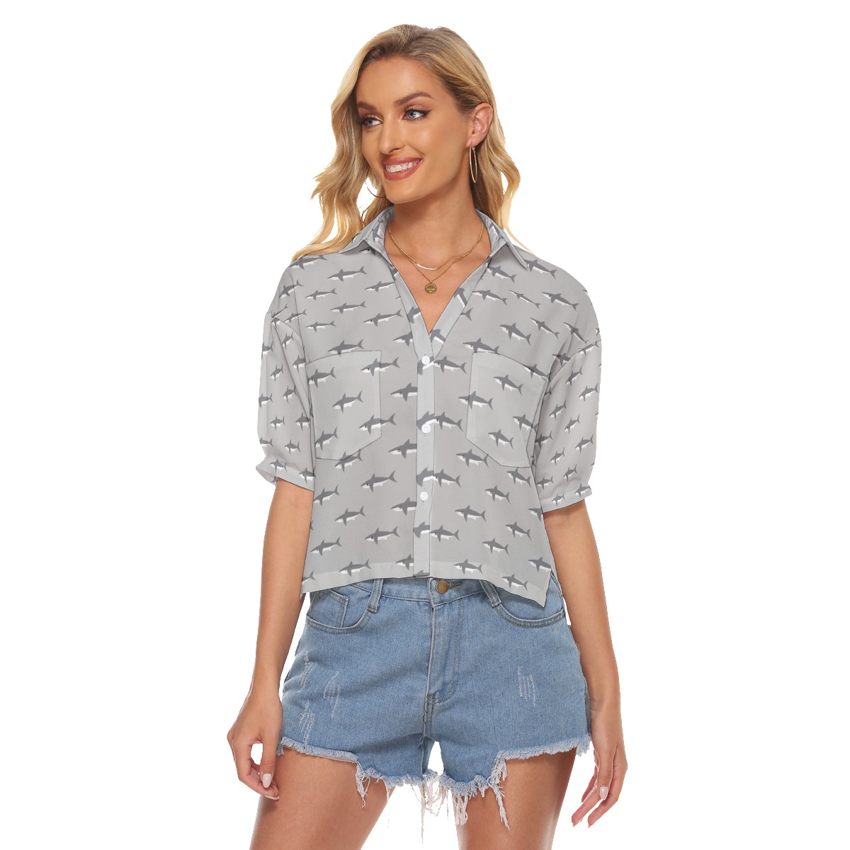 Mommy Shark Gray Hawaiian Crop Top Shirt For Women - variant image 1