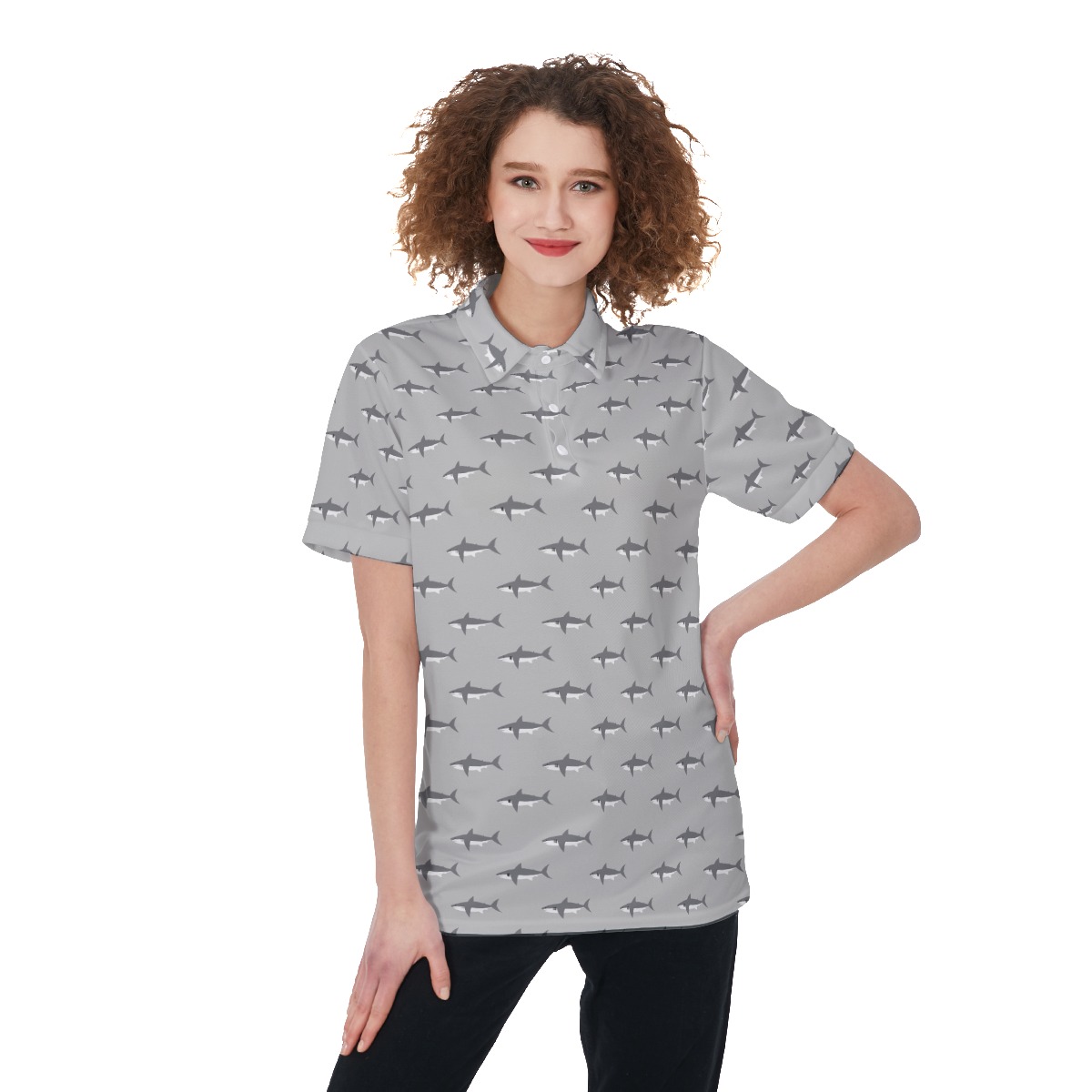 Mommy Shark Gray Polo Hawaiian Shirt For Women - variant image 1