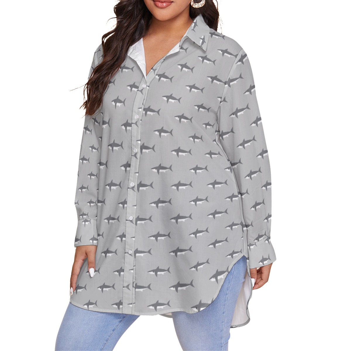 Women's Mommy Shark Gray Plus Size Hawaiian Shirt