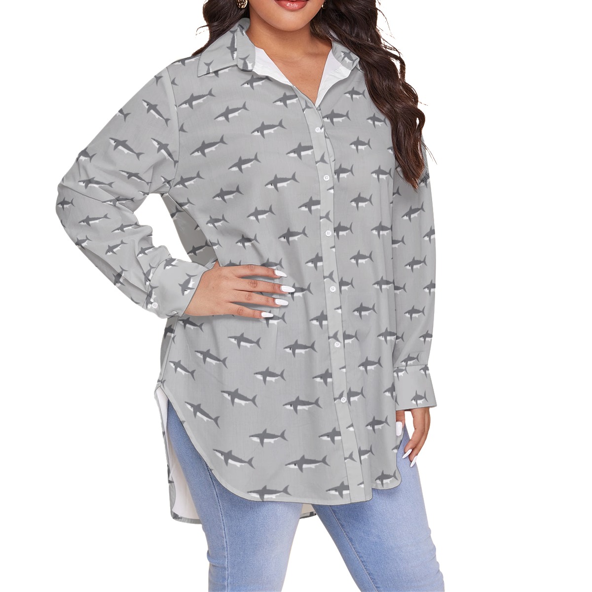Women's Mommy Shark Gray Plus Size Hawaiian Shirt