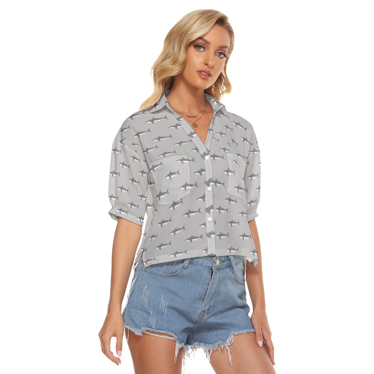 Mommy Shark Gray Hawaiian Crop Top Shirt For Women