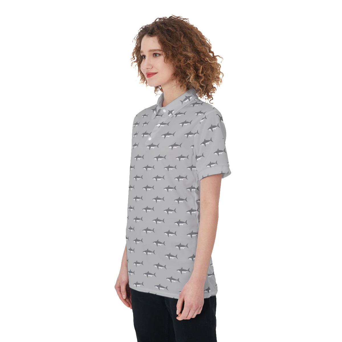 Mommy Shark Gray Polo Hawaiian Shirt For Women
