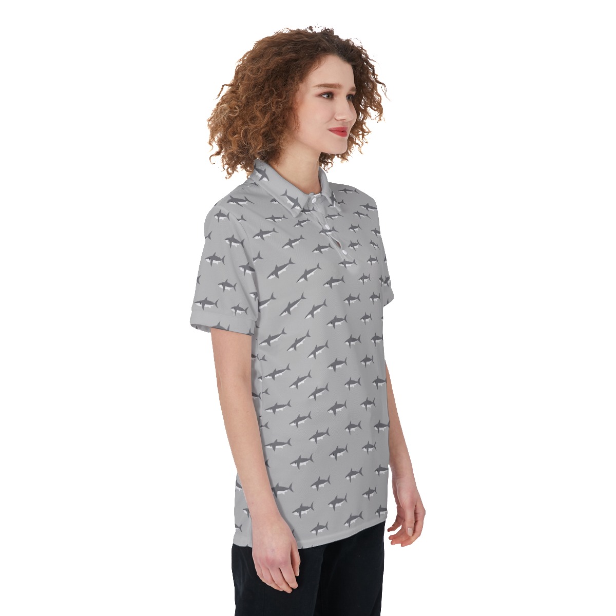 Mommy Shark Gray Polo Hawaiian Shirt For Women