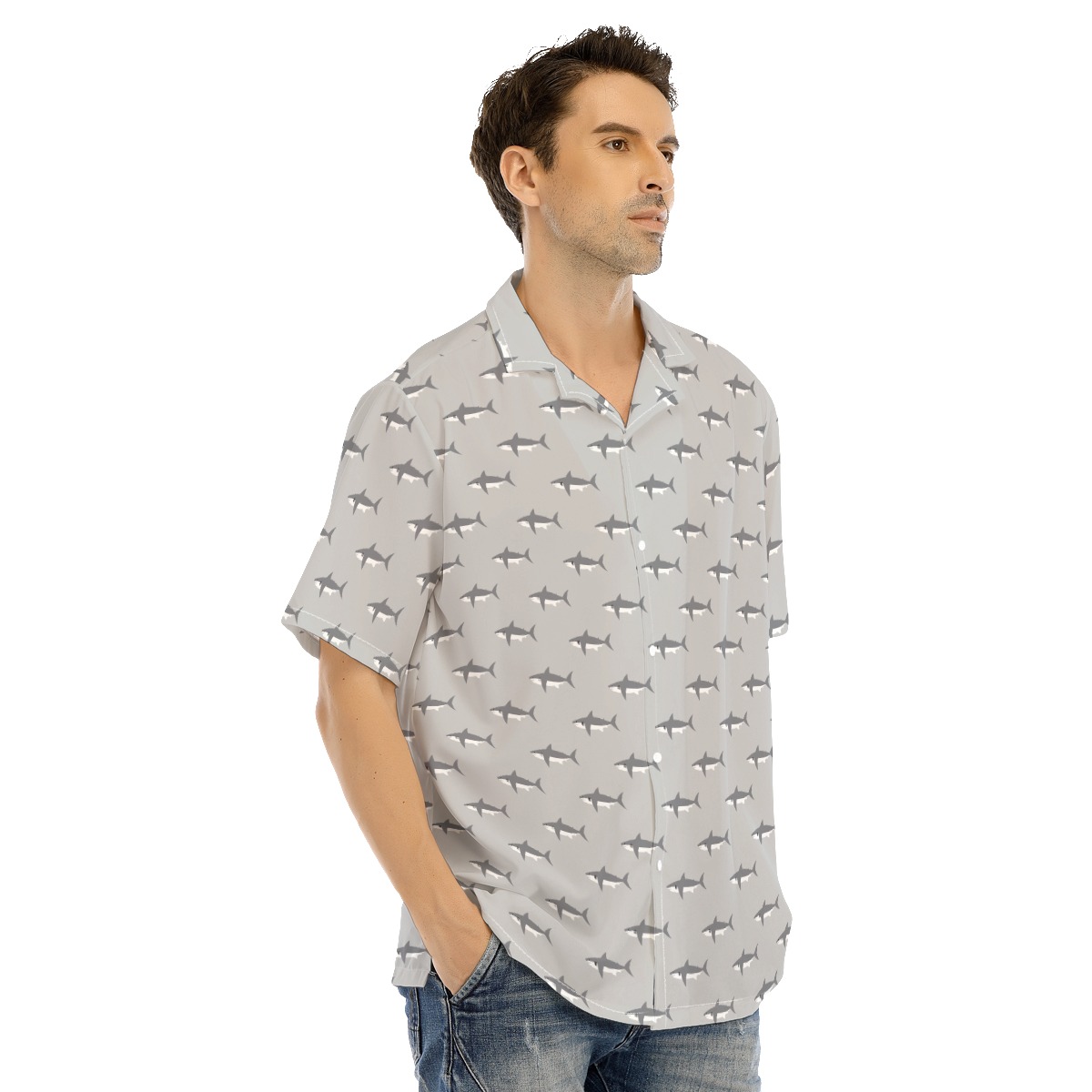 Men's Funny Daddy Shark Gray Hawaiian Shirt