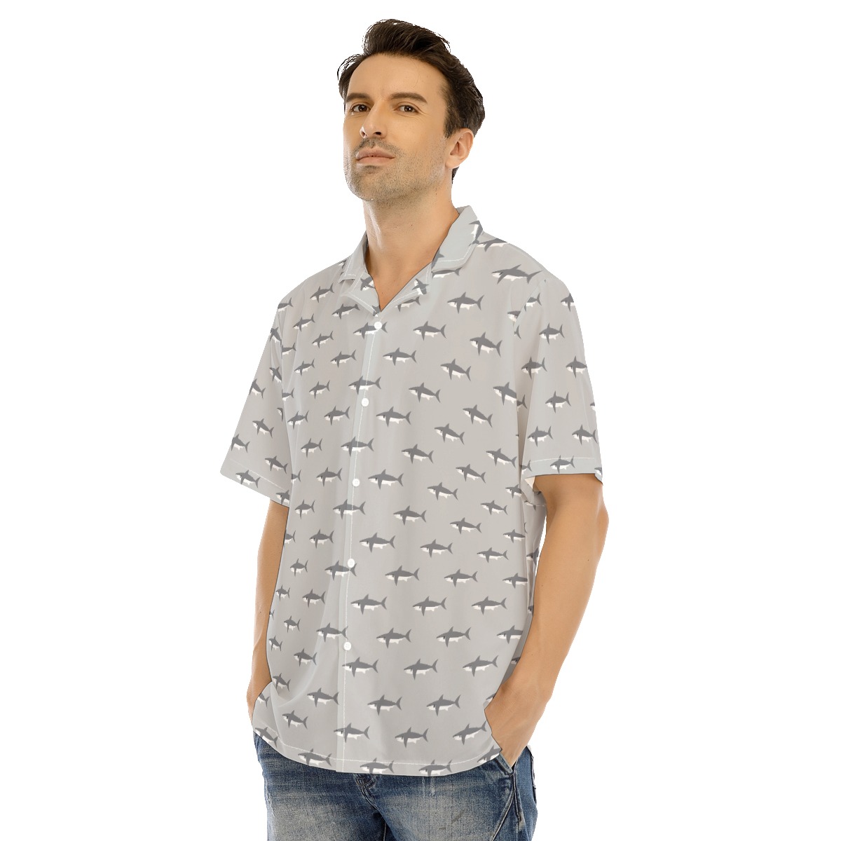 Men's Funny Daddy Shark Gray Hawaiian Shirt