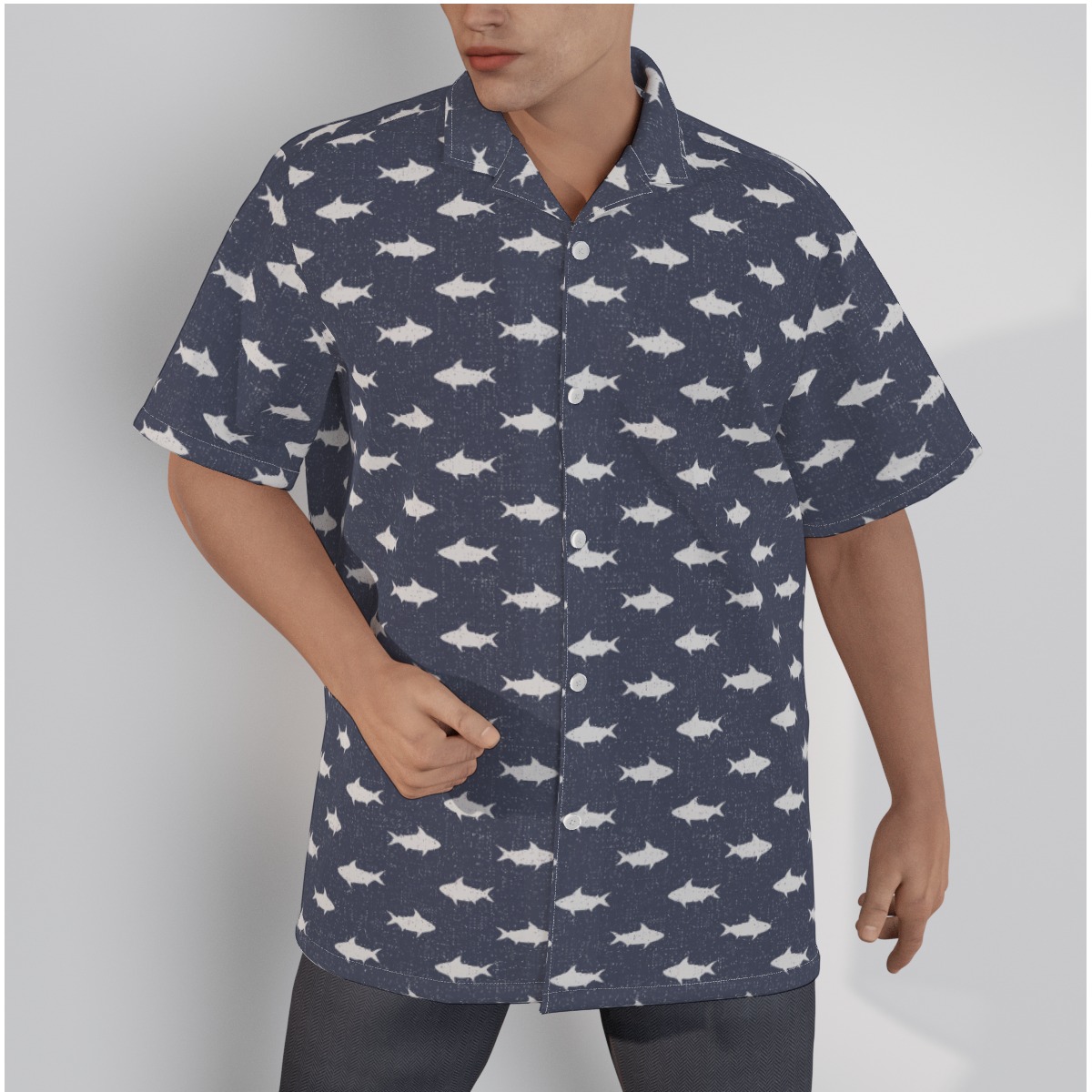 Shark Hawaiian Shirt Navy Blue 100% Cotton