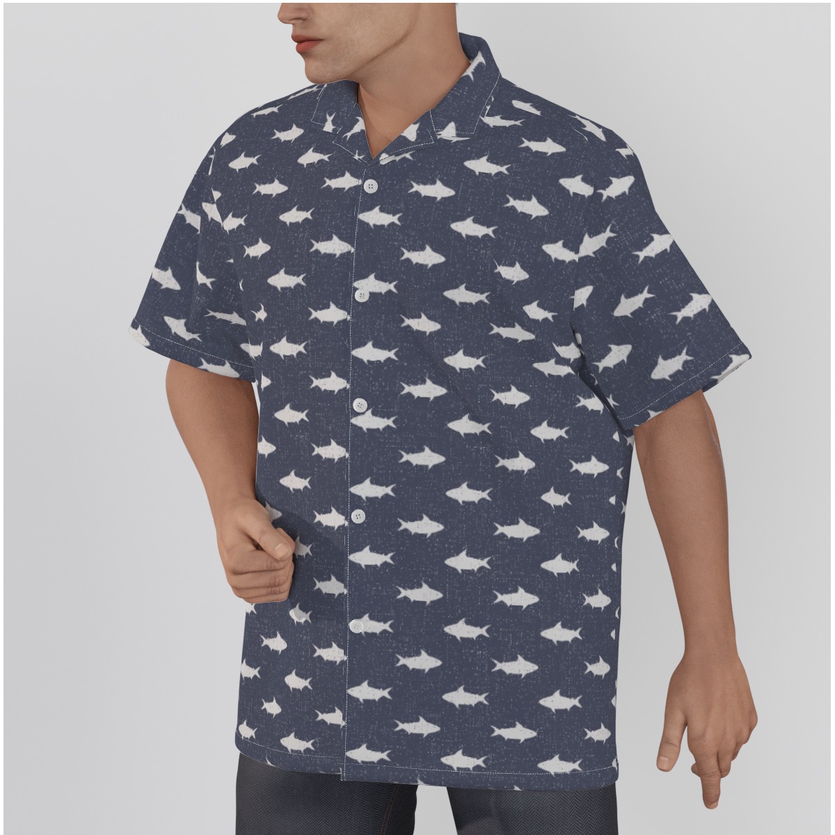 Shark Hawaiian Shirt Navy Blue 100% Cotton
