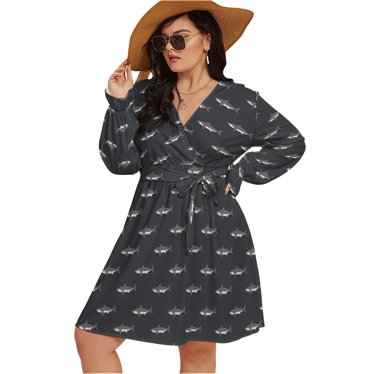 Mommy Shark Hawaiian Plus Size V-Neck Dress
