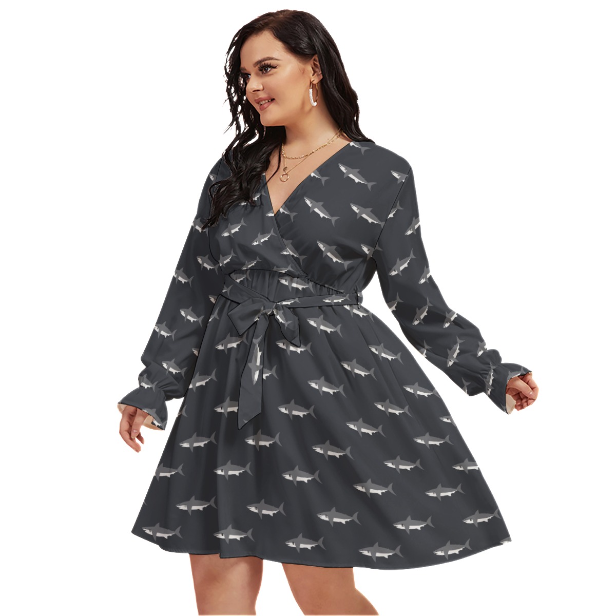 Mommy Shark Hawaiian Plus Size V-Neck Dress
