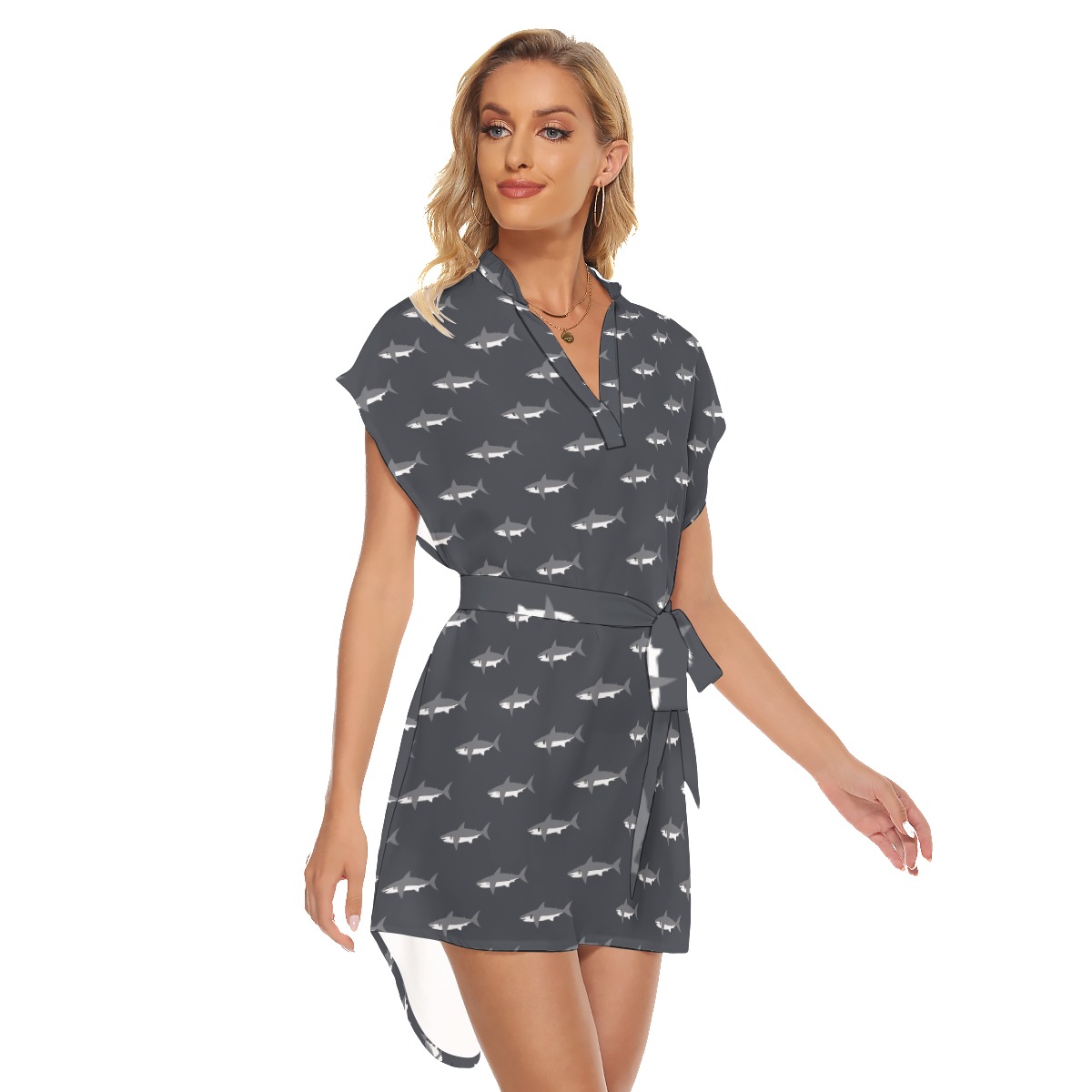 Mommy Shark Hawaiian Dress With Tie