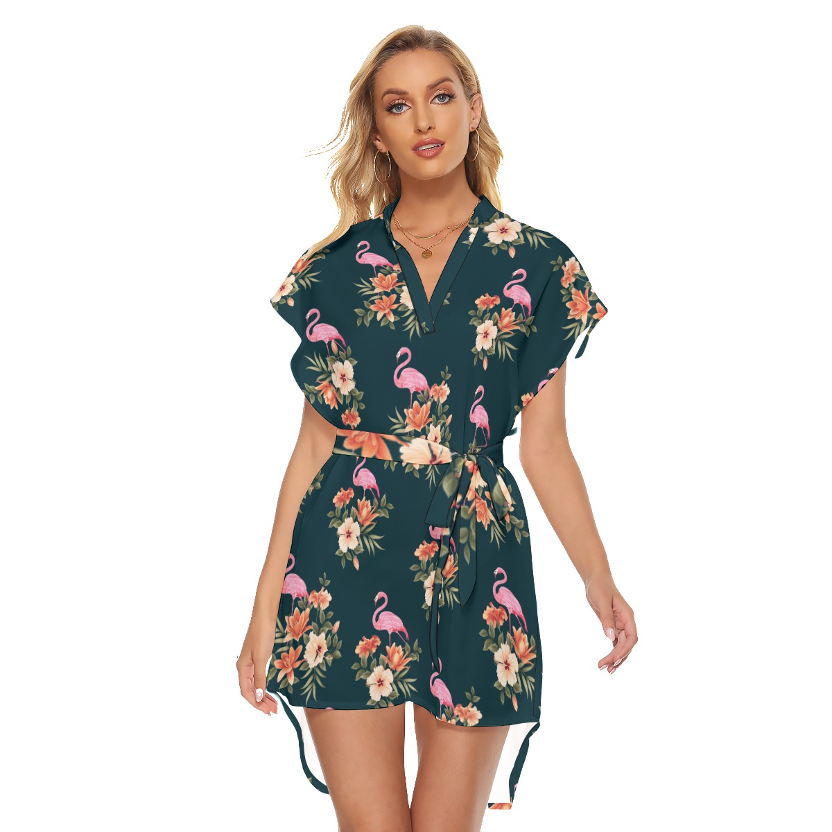 Flamingo Floral Hawaiian Dress With Tie - variant image 1