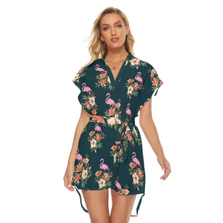 Flamingo Floral Hawaiian Dress With Tie
