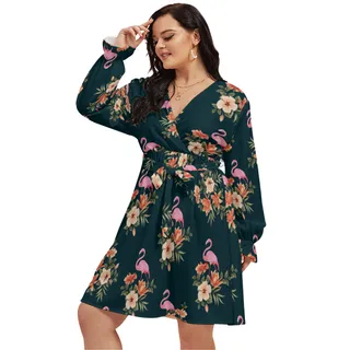 Flamingo Floral Hawaiian Plus Size V-Neck Dress