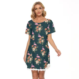 Floral Flamingo Hawaiian Dress With Lace