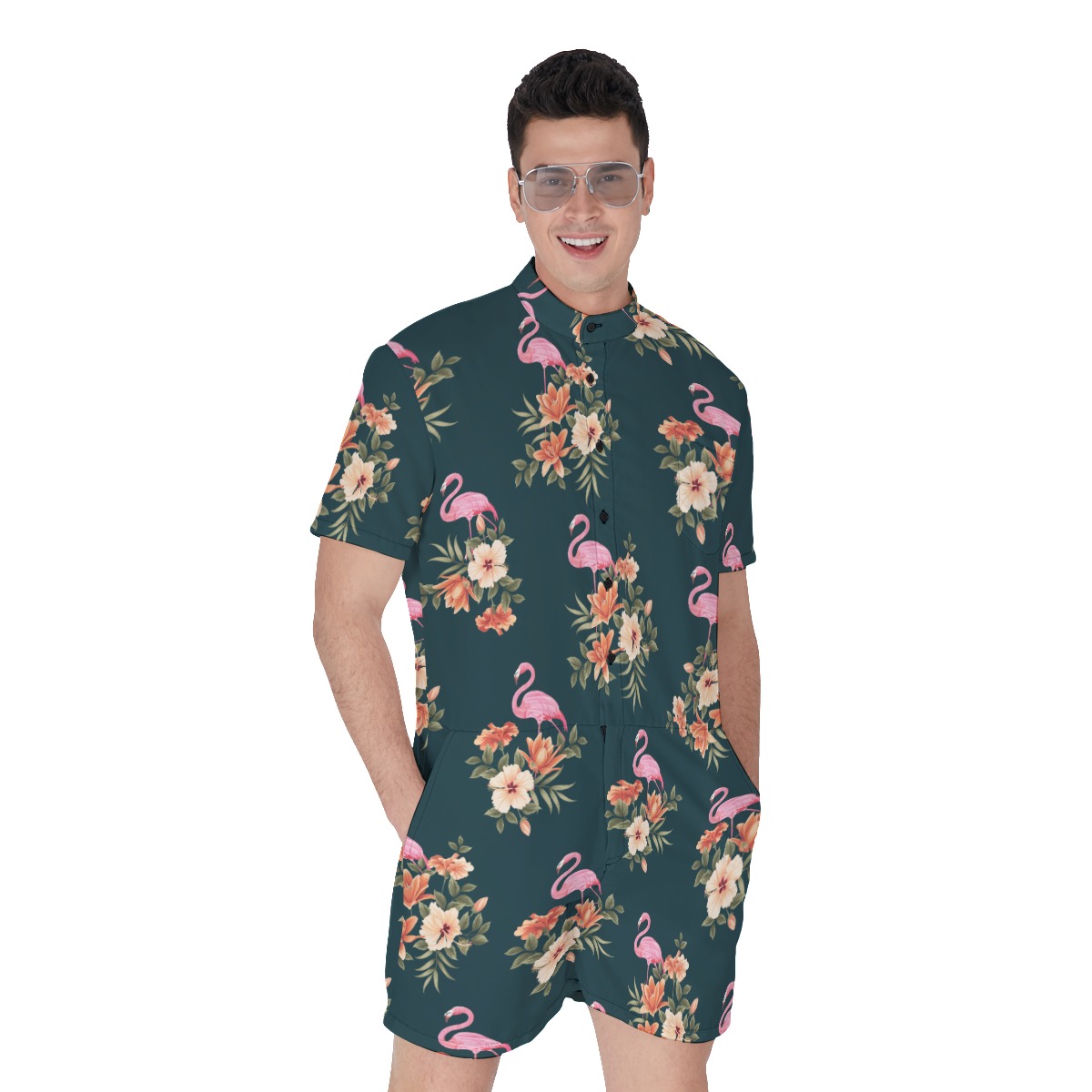 Flamingo Floral Hawaiian Romper For Men - variant image 1