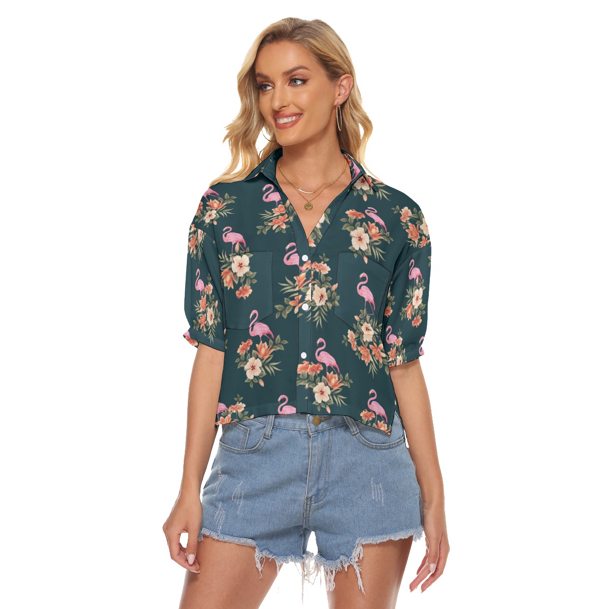 Flamingo Tropical Hawaiian Crop Top Shirt For Women - variant image 1