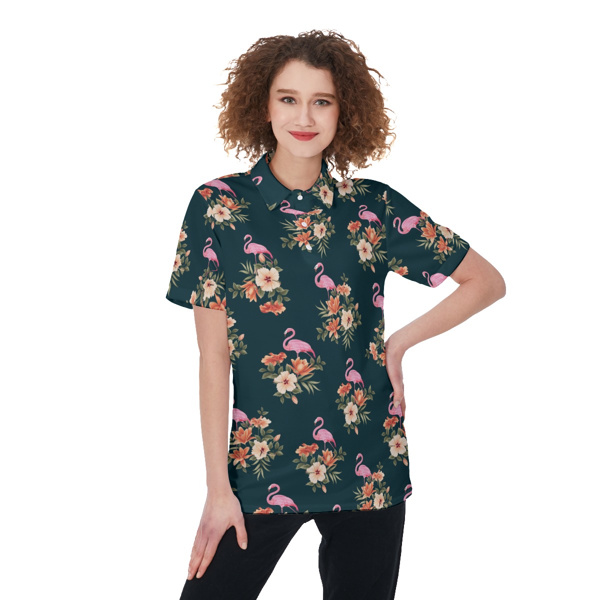 Floral Flamingo Polo Hawaiian Shirt For Women - variant image 1