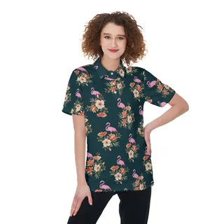 Floral Flamingo Polo Hawaiian Shirt For Women