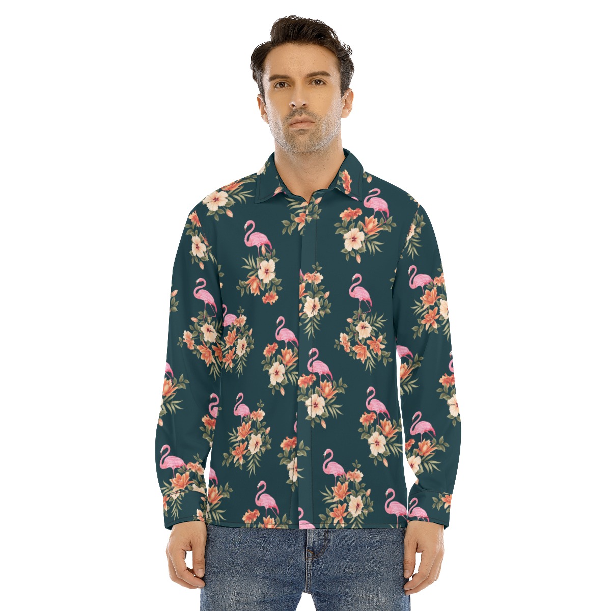 Flamingo Tropical Long Sleeve Hawaiian Shirt For Men - variant image 1
