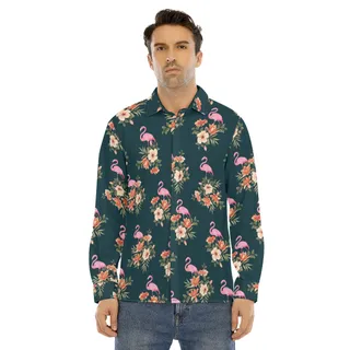 Flamingo Tropical Long Sleeve Hawaiian Shirt For Men