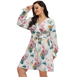 Flamingo Hawaiian Plus Size V-Neck Dress