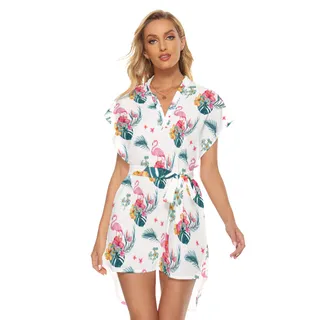Floral Flamingo Hawaiian Dress With Tie