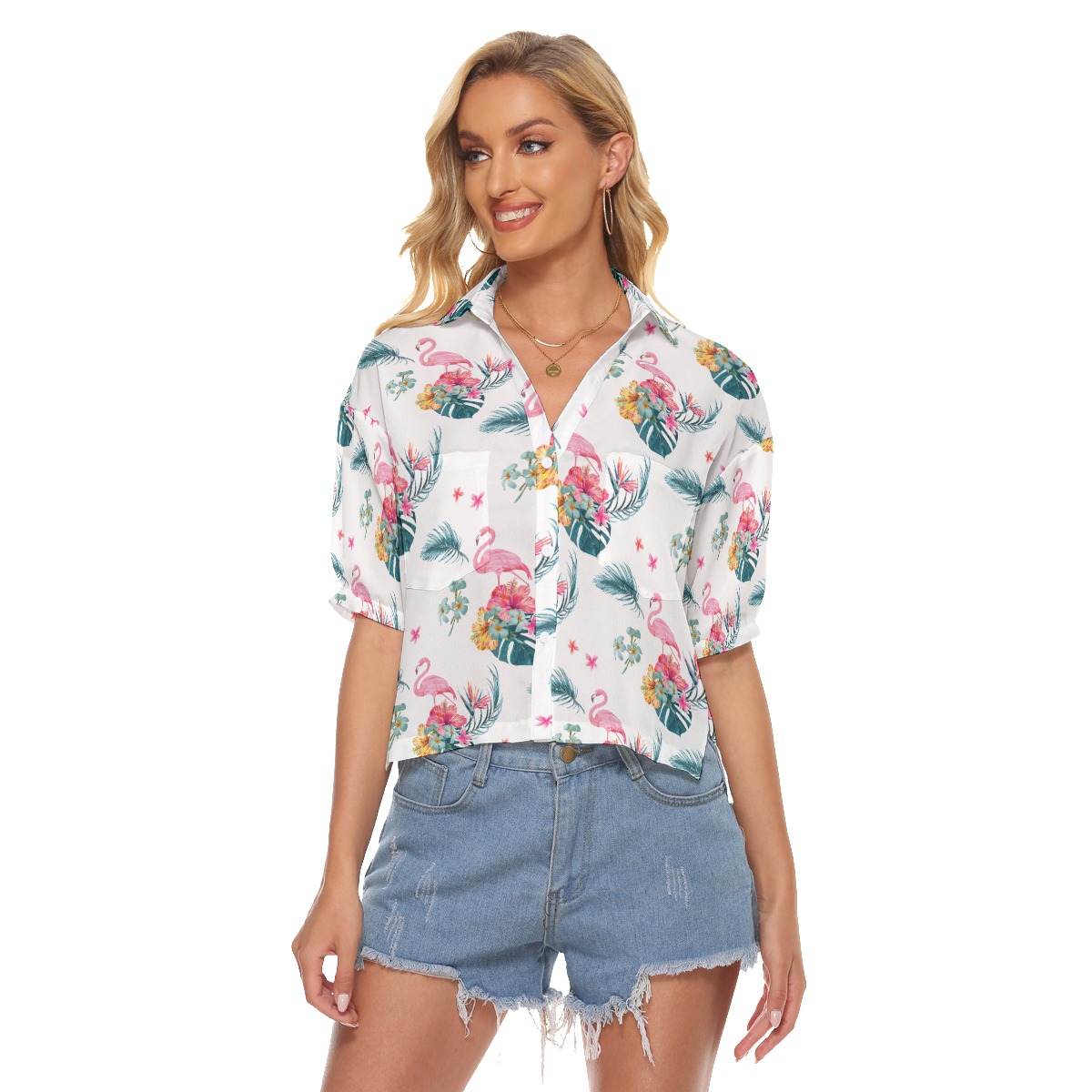 Flamingo Cool Hawaiian Crop Top Shirt For Women - variant image 1