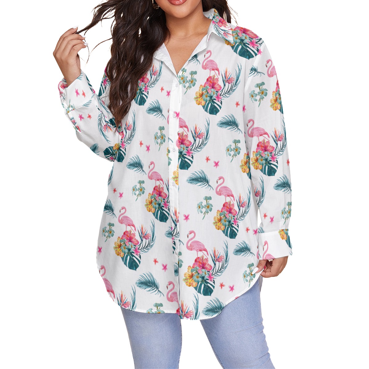 Women's White Flamingo Plus Size Hawaiian Shirt - variant image 1