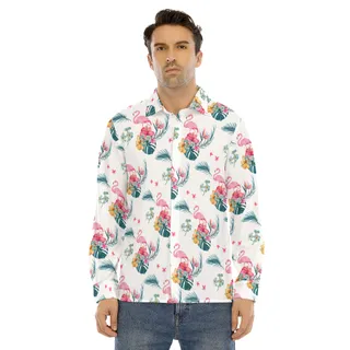 Flamingo White Long Sleeve Hawaiian Shirt For Men