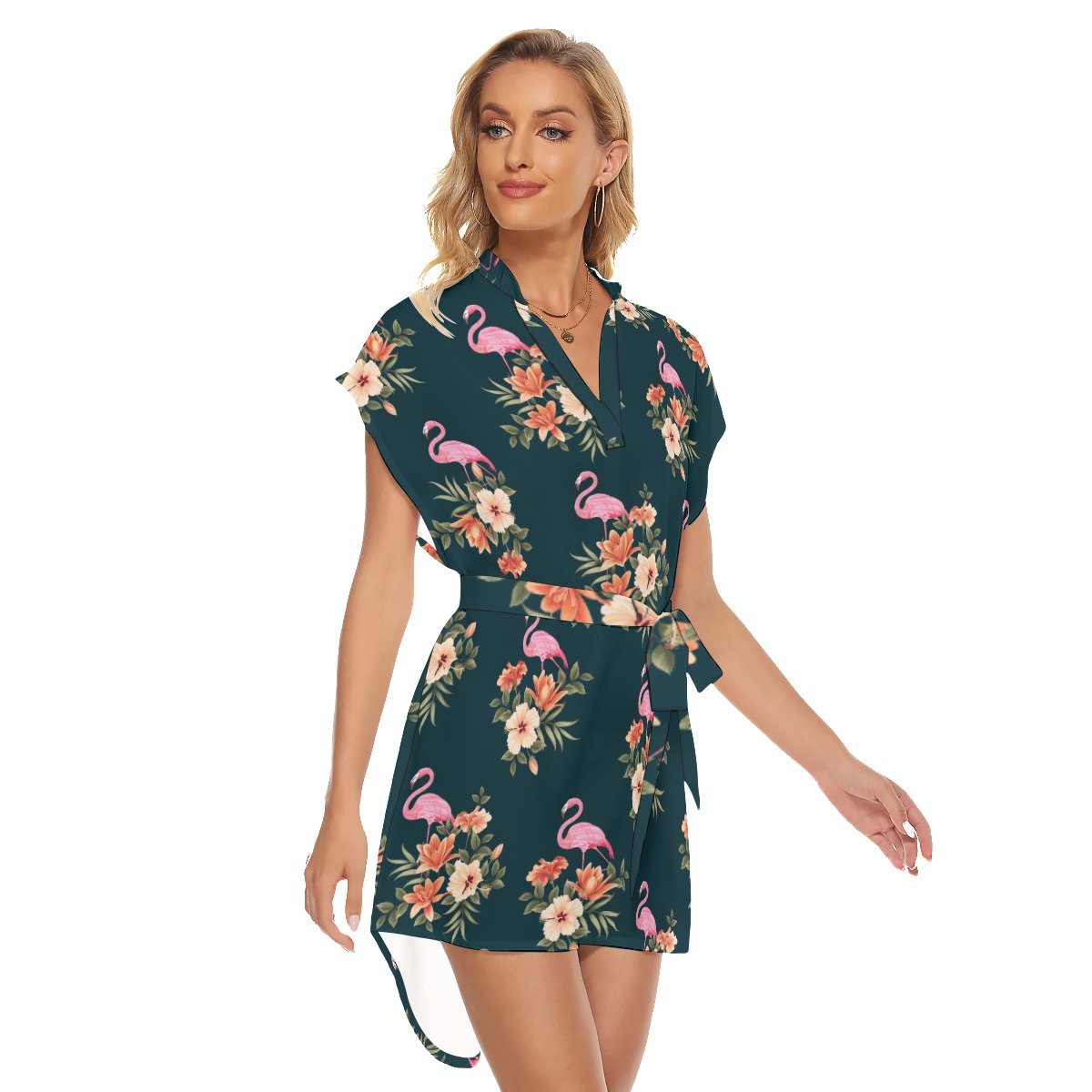 Flamingo Floral Hawaiian Dress With Tie