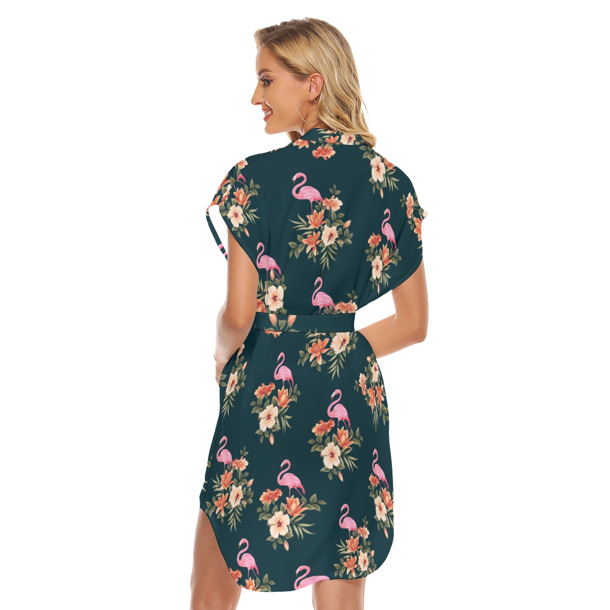 Flamingo Floral Hawaiian Dress With Tie