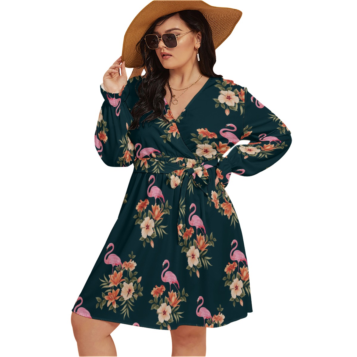 Flamingo Floral Hawaiian Plus Size V-Neck Dress