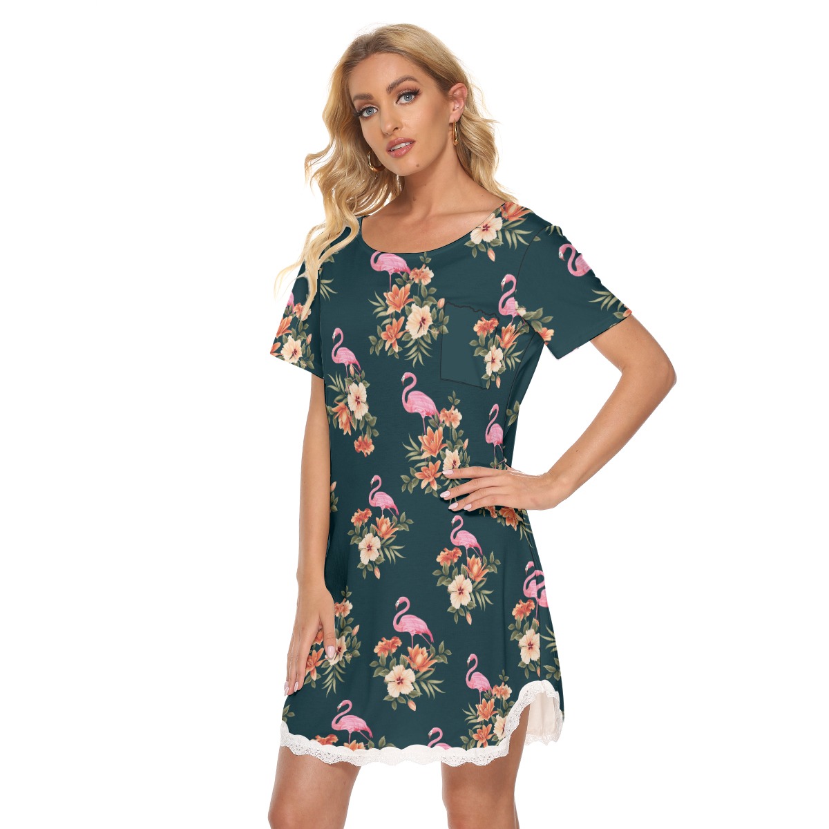 Floral Flamingo Hawaiian Dress With Lace