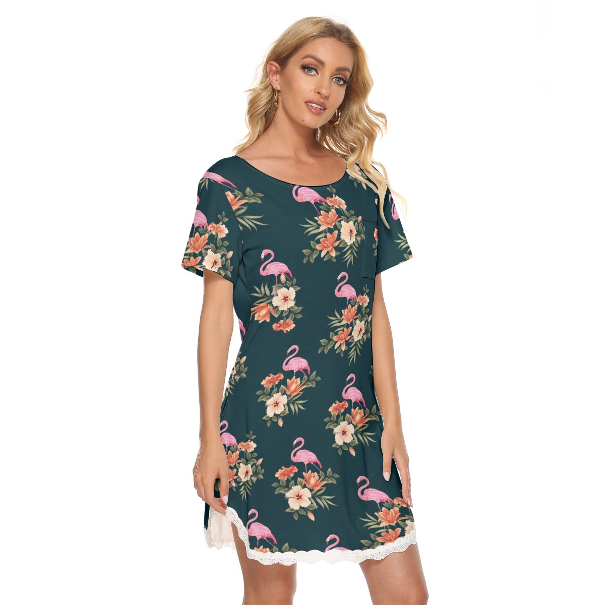 Floral Flamingo Hawaiian Dress With Lace