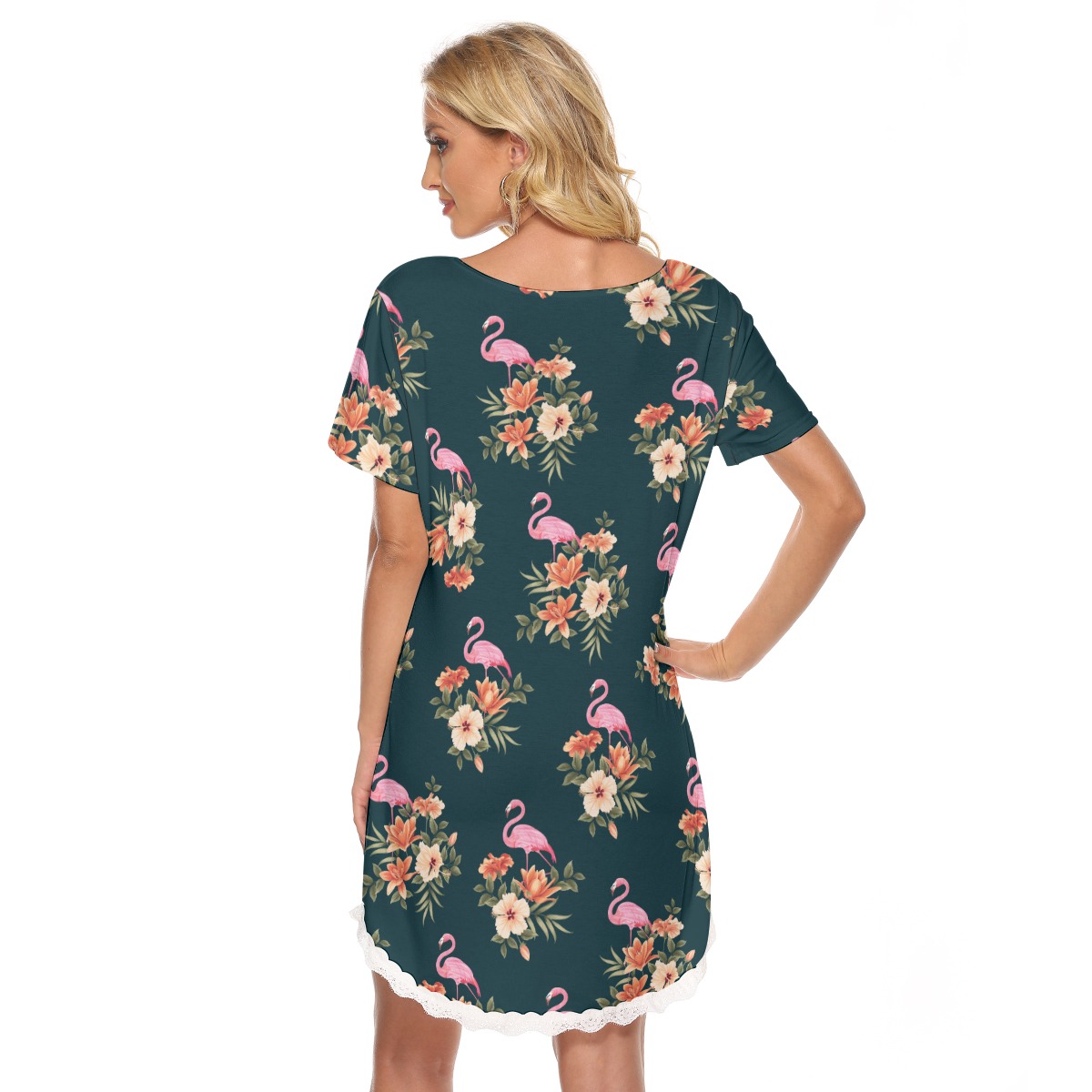 Floral Flamingo Hawaiian Dress With Lace