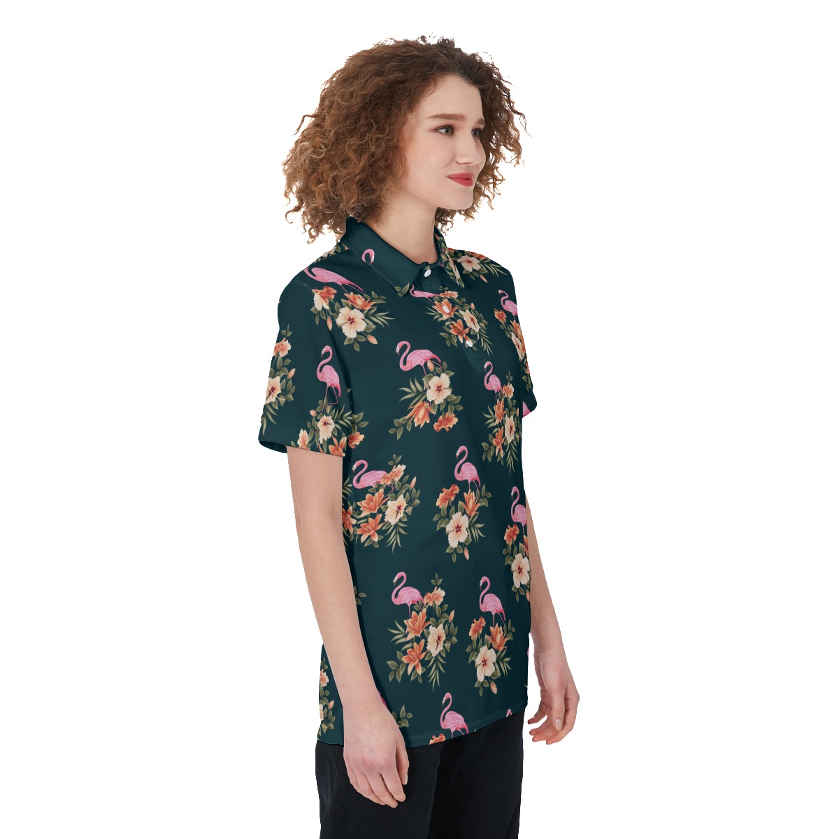 Floral Flamingo Polo Hawaiian Shirt For Women