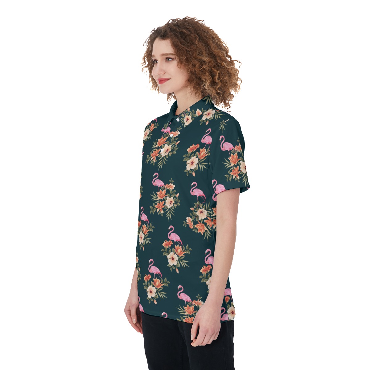 Floral Flamingo Polo Hawaiian Shirt For Women