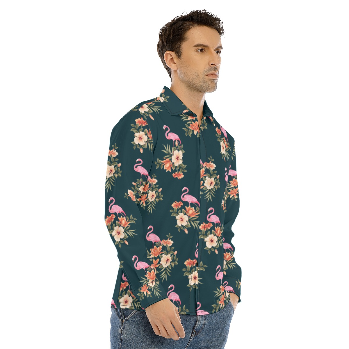 Flamingo Tropical Long Sleeve Hawaiian Shirt For Men
