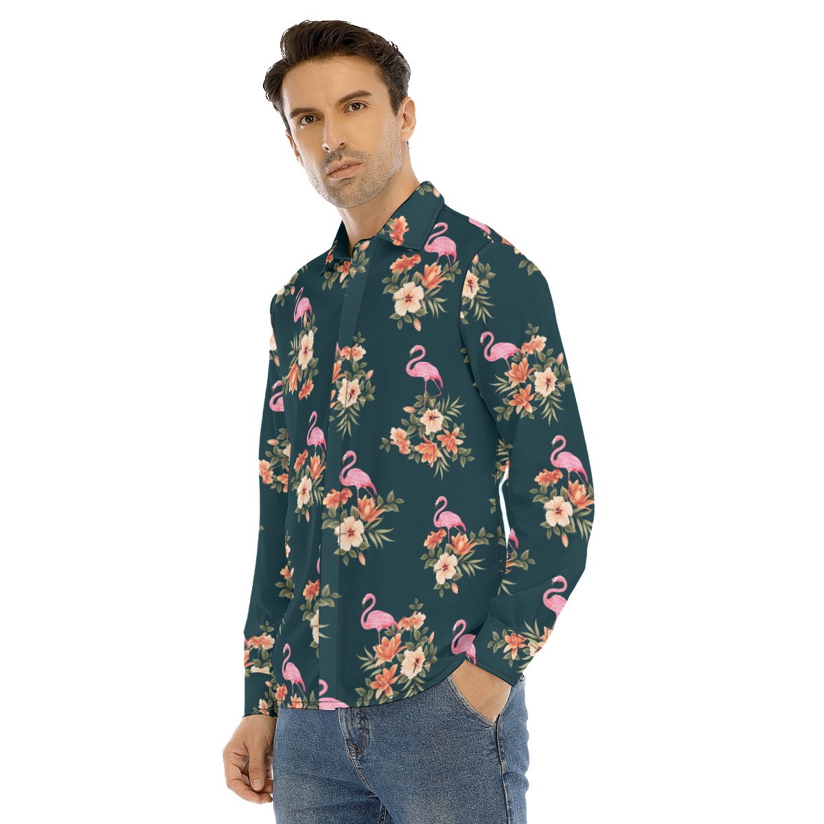 Flamingo Tropical Long Sleeve Hawaiian Shirt For Men